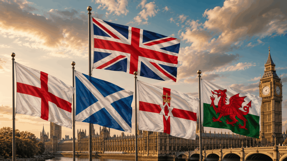 Imagen conceptual con la bandera del Reino Unido y las de sus países constituyentes.