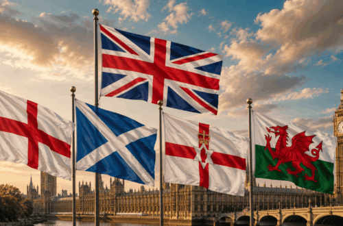 Imagen conceptual con la bandera del Reino Unido y las de sus países constituyentes.