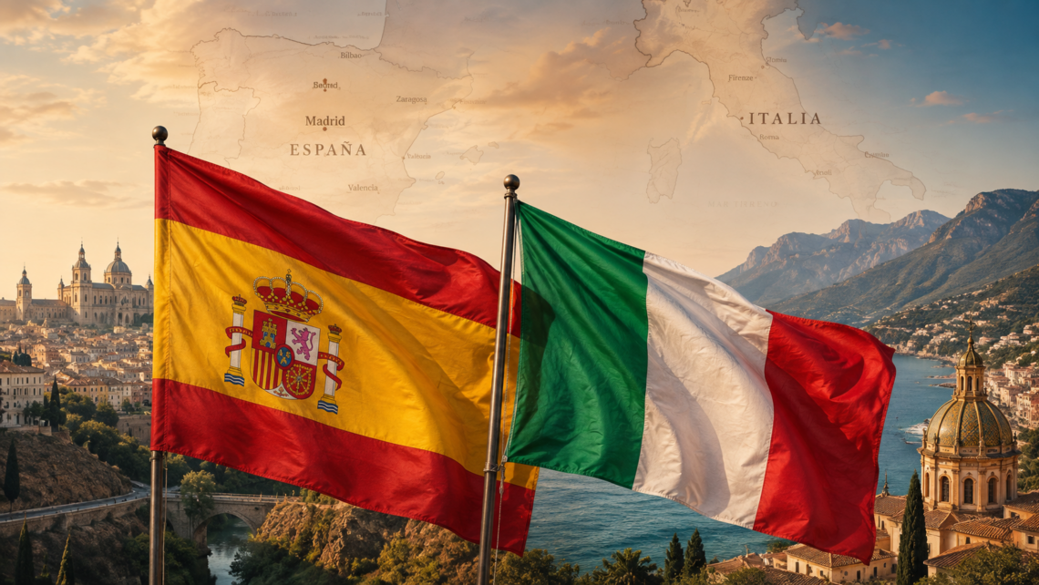Las banderas de España e Italia, los dos países que más influyeron en la idiosincrasia argentina.
