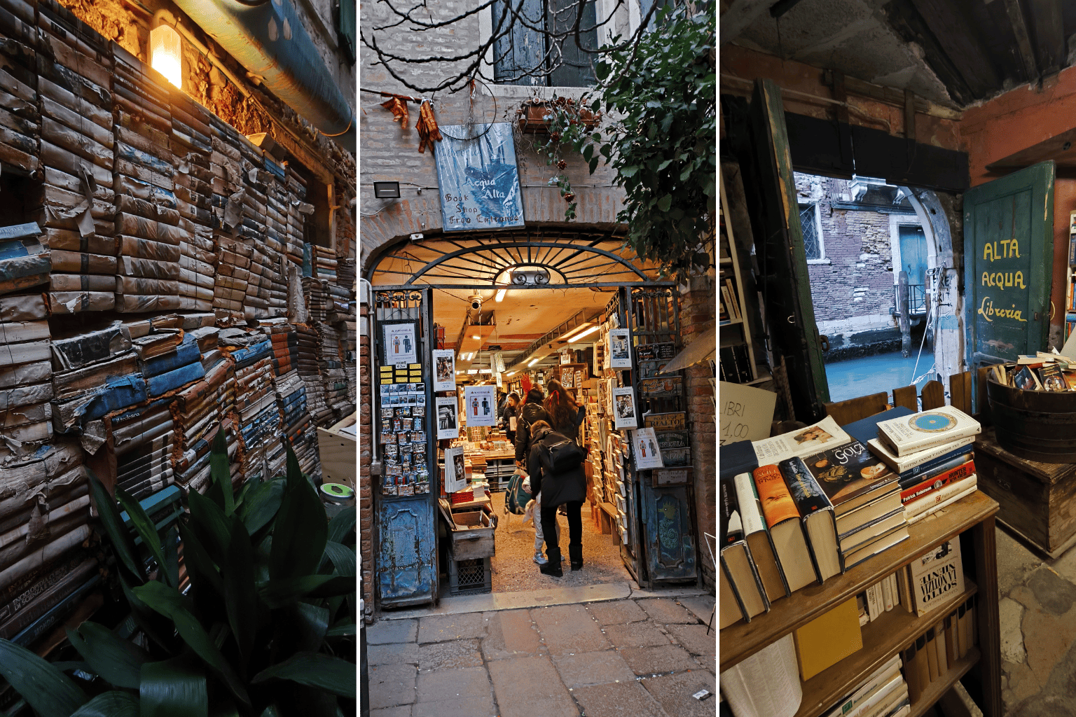 Interior de la Libreria Acqua Alta con libros en góndolas y canales en Venecia.