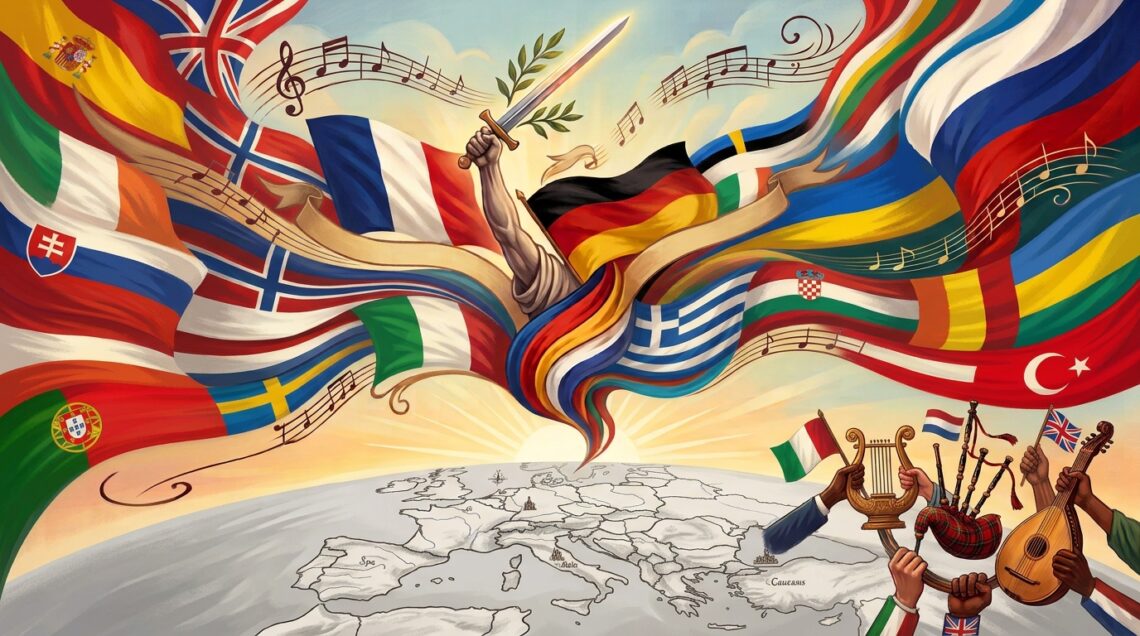 Ilustración conceptual de los himnos más bonitos de Europa con notas musicales y banderas europeas.