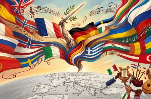 Ilustración conceptual de los himnos más bonitos de Europa con notas musicales y banderas europeas.