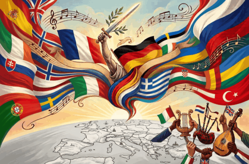 Ilustración conceptual de los himnos más bonitos de Europa con notas musicales y banderas europeas