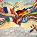 Ilustración conceptual de los himnos más bonitos de Europa con notas musicales y banderas europeas.