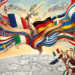 Ilustración conceptual de los himnos más bonitos de Europa con notas musicales y banderas europeas