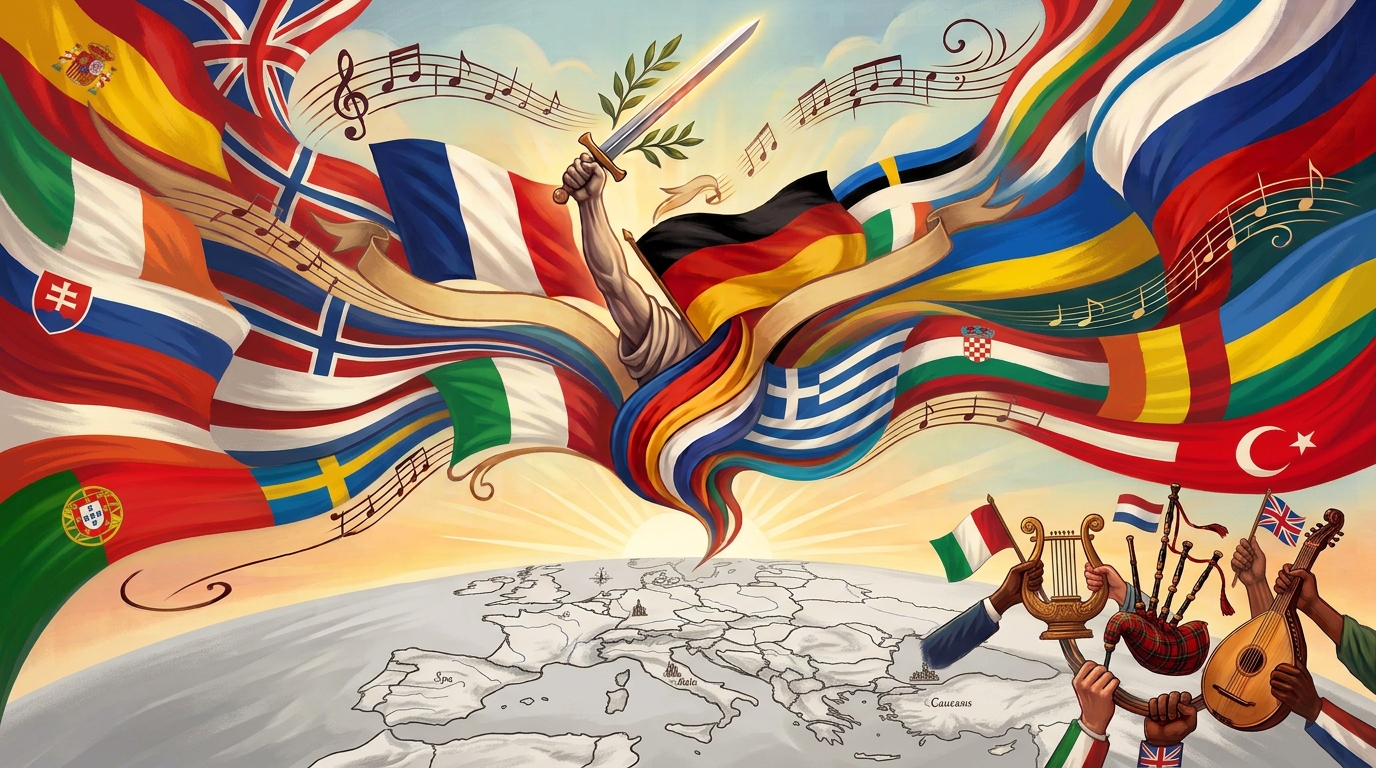 Ilustración conceptual de los himnos más bonitos de Europa con notas musicales y banderas europeas.